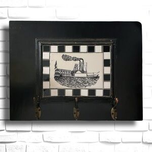 Wood Framed River Steamboat Tile Mosaic Wall Hung Key Or Hat Rack Black & White